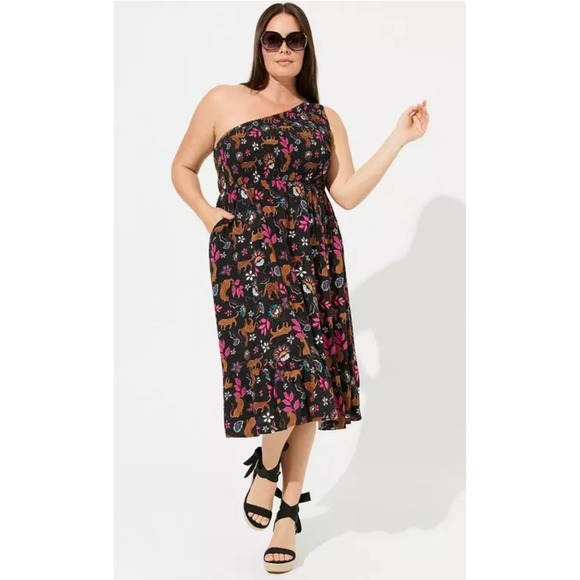 torrid Dresses & Skirts - Torrid‎ Midi Challis Dress One Shoulder Smocked Tiered Leopard Pockets Black 3X